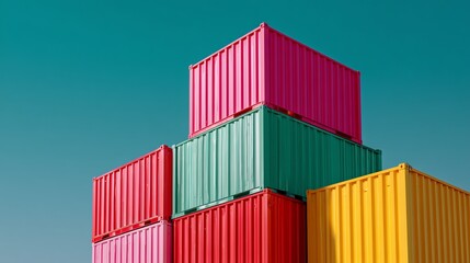 Vibrant Stack of Colorful Shipping Containers Against a Teal Sky. A bold, modern image.