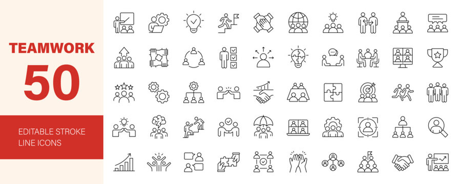 Teamwork icon set. Business related line icons: meeting, cooperation, support, collaboration, partnership, society, workshop, work group, human resource and more. Editable stroke. Vector illustration.