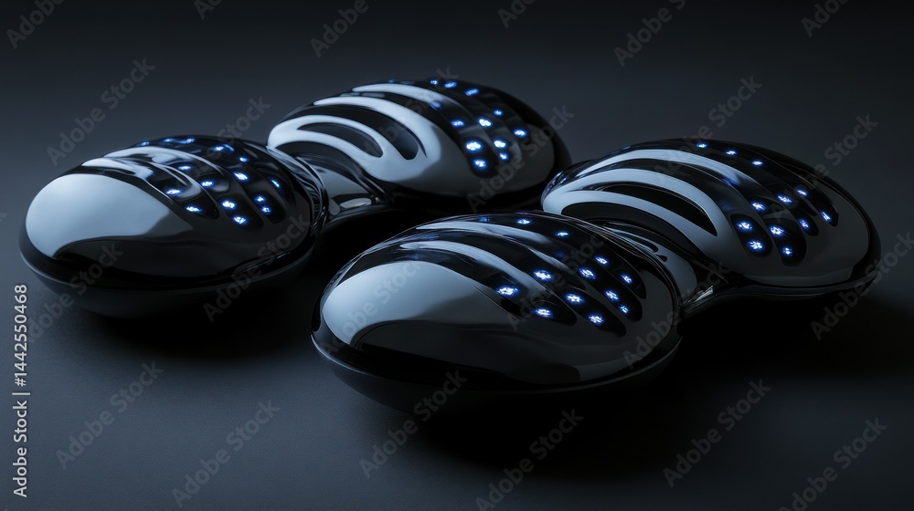 Poster four futuristic objects with glowing lights on a dark surface