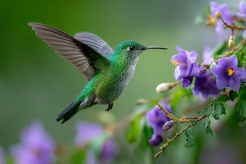 Fototapeta premium Captivating Hummingbird Displaying Graceful Flight Near Vibrant Purple Flower Bloom