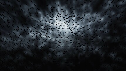 Halloween & Spooky: Bats in silhouette swarm, hundreds of bats flying outward in perfect radial symmetry
