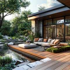 Fototapeta premium Contemporary nature-themed deck with rugged wood floors, lush moss planters, and simple neutral furniture, styled for a serene open-air vibeRed Devil,