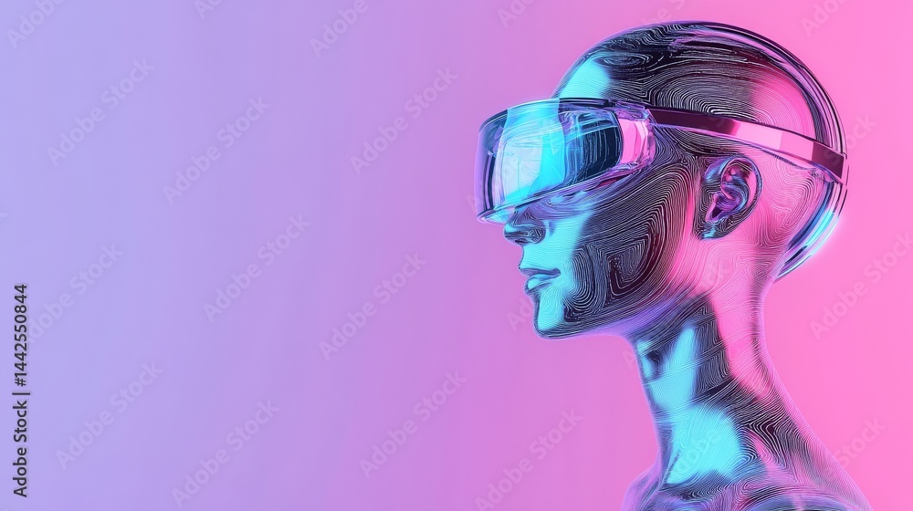 Poster an engineer is wearing virtual reality goggles that have a digital grid and a holographic interface 