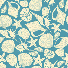 Seamless marine pattern with seashells and starfish on a blue background. Perfect for summer design, packaging, fabric, and decor.