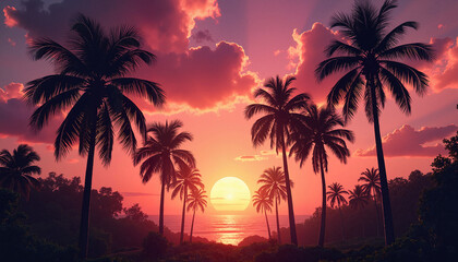 Naklejka premium Dramatic tropical sunset with silhouettes of palm trees and glowing sky