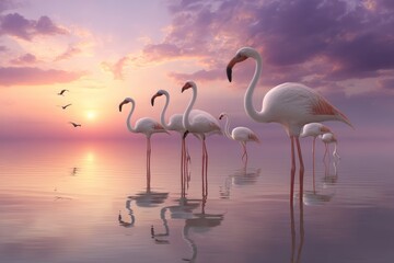 Naklejka premium A Vibrant Group of Flamingos Wading Gracefully in the Shimmering Waters of a Beautiful Salt Lake