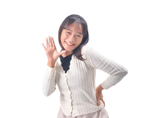 Cheerful Woman Smiling with Hand Gesture