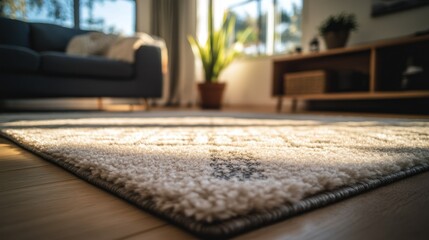 A detailed shot of a living room rug with sunlight