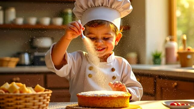 Master Children, young chef, culinary skills. Child cooking. Toddlers prepare simple meals. Kids enhance family dinners. Childhood curiosity explores baking.