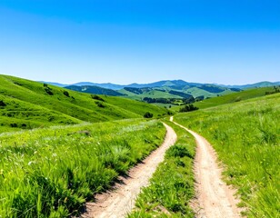 Serene country road winding through vibrant green hills under a clear blue sky.  Perfect for travel, nature, and landscape projects.