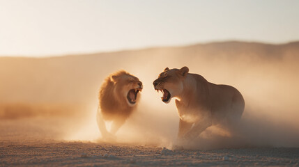 Lions roaring aggressively in the wild african savanna wildlife photography animal behavior predator fight scene