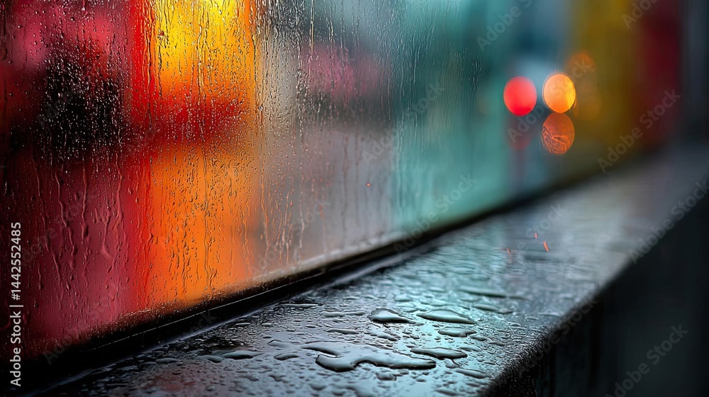 Poster raindrop on a window with cityscape texture and sad atmosphere concept. raindrops on glass create a 