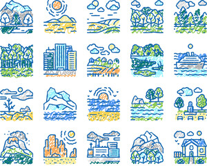 Fototapeta premium Land Scape Nature set Icons hand drawn
