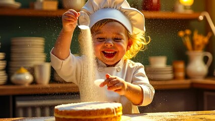 Master Children, youthful cooking, kitchen joy. Culinary fun. Baby savors homemade cake. Toddler baking skills enhance growth. Young chef promotes creativity.