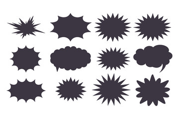 Black Comic Explosion and Speech Bubble Vector Shapes. Starburst Silhouettes for Graphic Design, Comic Book Art, Pop Art, and Digital Illustration.