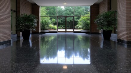 Modern office lobby with a tranquil garden view.  Large windows showcasing a lush outdoor space, reflected perfectly on the polished floor.