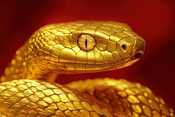Obraz premium Golden snake head close up on red backdrop
