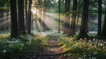 Obraz premium Magical sunrise path through enchanting forest sunbeams dance on leaves and flowers pure serenity
