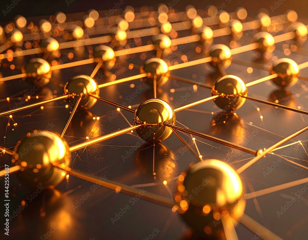 Poster golden spheres interconnected, forming a complex network. abstract representation of connection, tec
