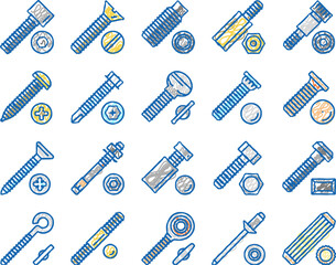 Screw And Bolt Building Accessory Icons hand drawn