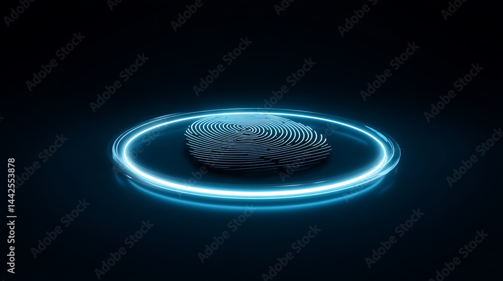 Poster futuristic fingerprint scan with glowing circle on dark backdrop for security