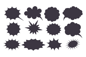 Black Comic Explosion and Speech Bubble Vector Shapes. Starburst Silhouettes for Graphic Design, Comic Book Art, Pop Art, and Digital Illustration.