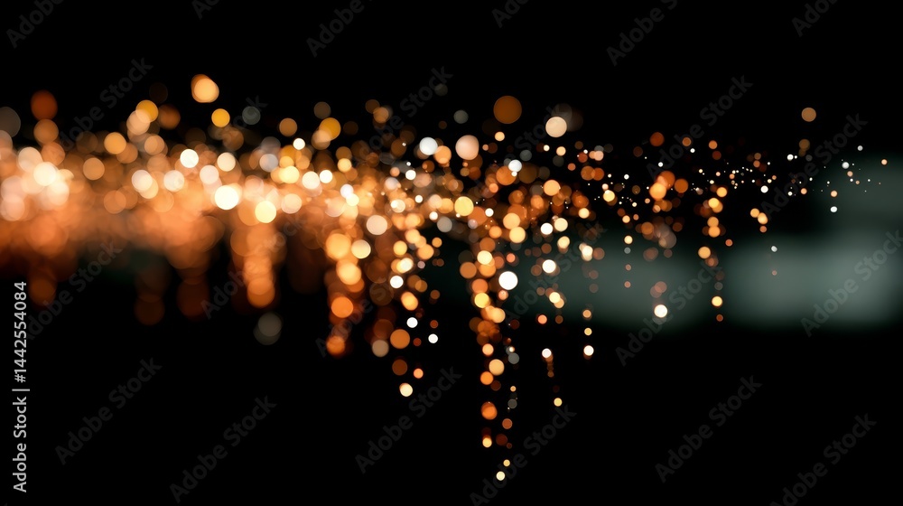 Poster a vibrant cascade of golden and amber bokeh lights softly falls against a dark background, creating 