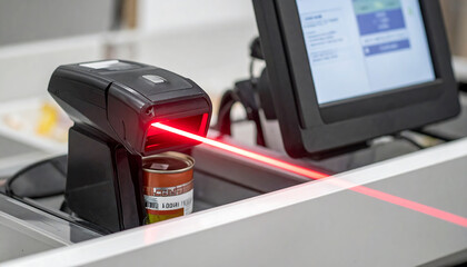 Closeup shot of a barcode scanner reading a can. Red laser scanning at a checkout. Perfect for retail, technology, or shopping related content.