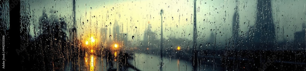 Poster raindrop on a window creating water texture and cityscape pattern concept. rainy cityscape view thro