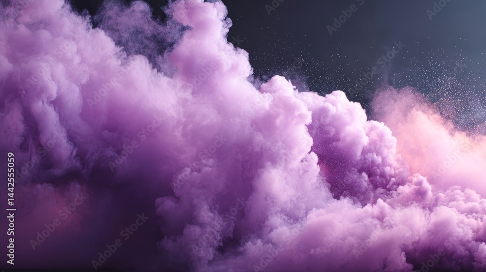 Poster vibrant purple smoke swirls gracefully against a deep black backdrop, creating a mysterious cloud ef