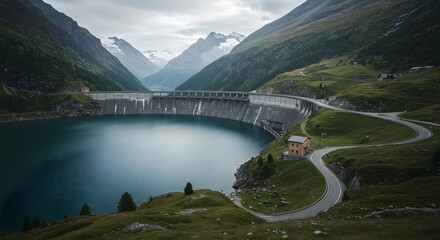 Dam and Lake in Mountain Valley Landscape