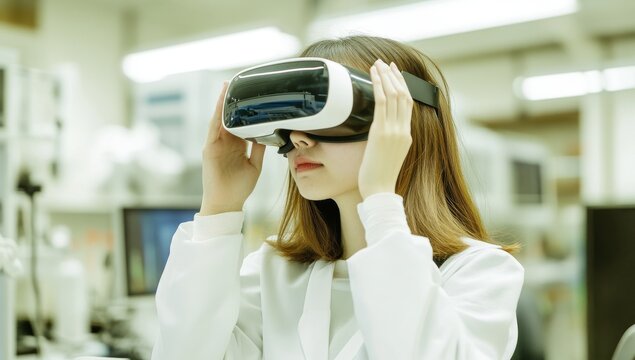 Researcher utilizing virtual reality technology in a cutting-edge lab setting