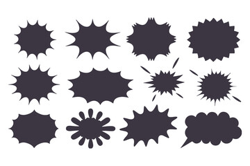 Black Comic Explosion and Speech Bubble Vector Shapes. Starburst Silhouettes for Graphic Design, Comic Book Art, Pop Art, and Digital Illustration.