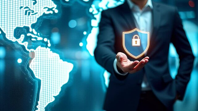 Digital Security System Protecting Computer Data with a Shield Icon Held by a Business Professional