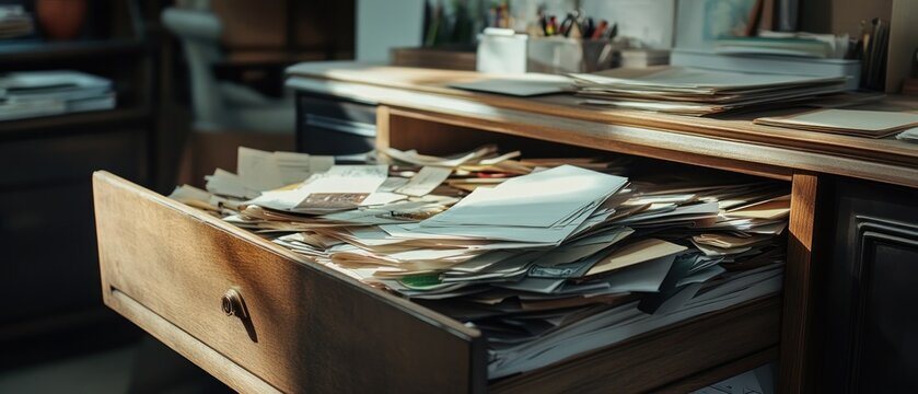Messy overfilled drawer with papers