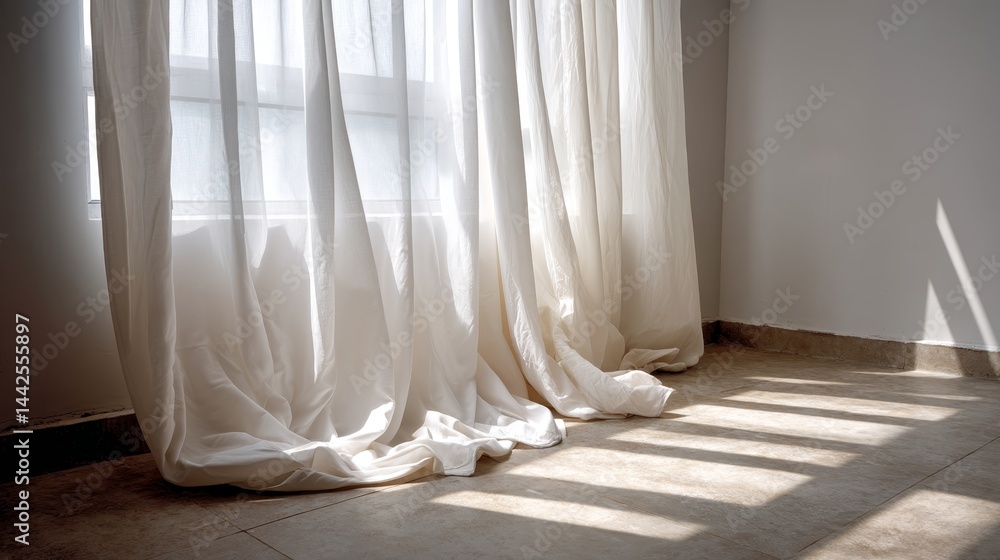 Poster Soft white curtains gently drape near a window, with subtle gradients of light creating tranquil shadows on a smooth stone floor