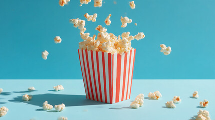 Stock photo of fresh popcorn falling into striped bucket for movie night snack on light blue background