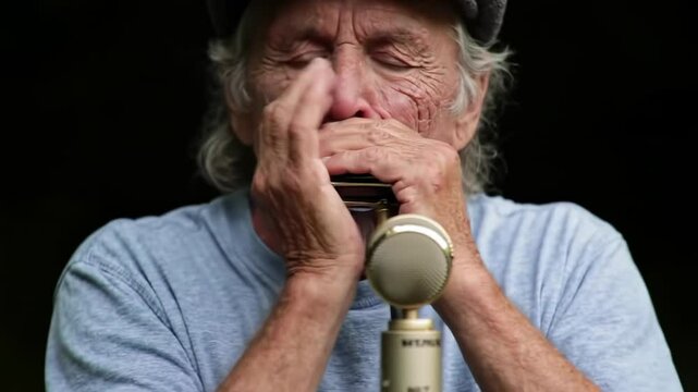 Elderly man plays harmonica and acoustic guitar outdoors, expressing emotion and nostalgia &ndash; music performance and heritage concept