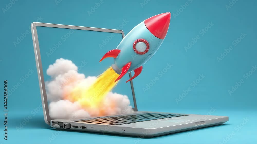 Poster fast laptop startup rocket launching from screen displaying high speed innovation