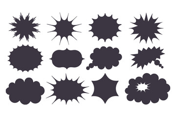 Black Comic Explosion and Speech Bubble Vector Shapes. Starburst Silhouettes for Graphic Design, Comic Book Art, Pop Art, and Digital Illustration.