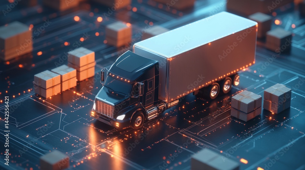 Poster e-commerce shipment concept in 3d, with a large delivery truck transporting neatly stacked packages 
