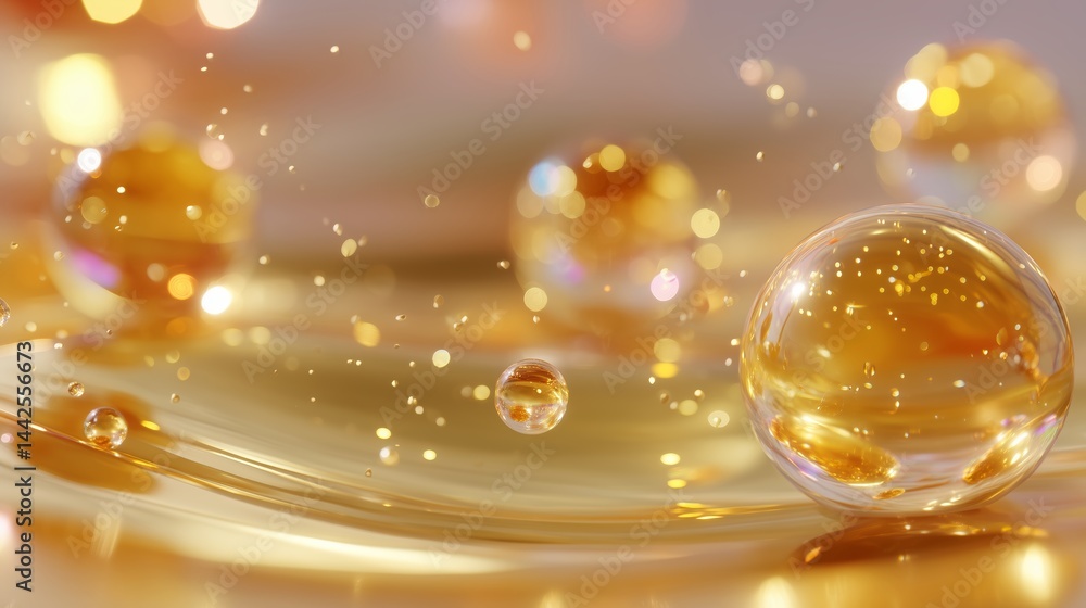 Poster golden droplets reflecting light create a mesmerizing visual display in a soft, serene environment
