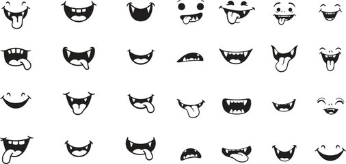 Cute cartoon mouths and smiles set. expressions, emoji, lips, emotion. vector illustration