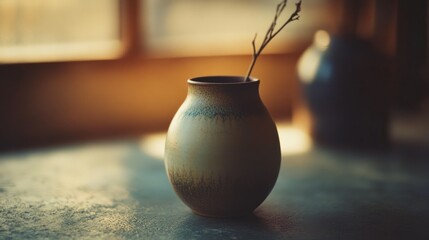 A ceramic vase with a single twig stands indoors near a window