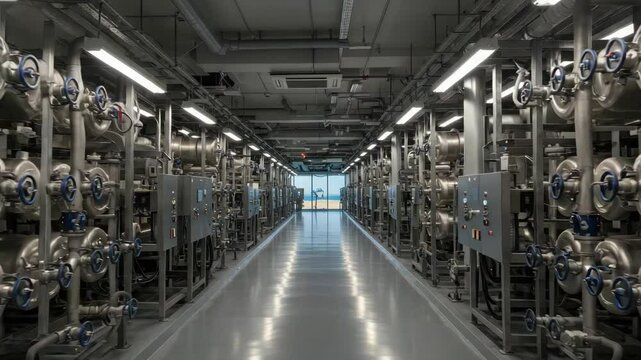 Industrial Stainless Steel Processing Facility Corridor - A long corridor in a modern industrial facility is lined with rows of large stainless steel tanks and pipes.  Bright fluorescent lighting illu