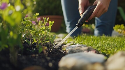 Watering New Plants in a Lush Garden on a Bright Sunny Day