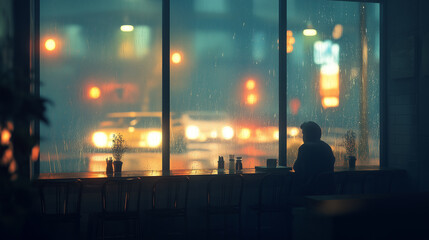 a lonely man sitting by the window in a quiet cafe at night