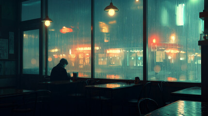 a lonely man sitting by the window in a quiet cafe at night