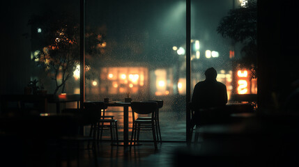 a lonely man sitting by the window in a quiet cafe at night