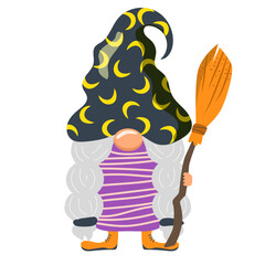 Halloween gnome graphic holding broomstick. Holiday character for autumn celebration.